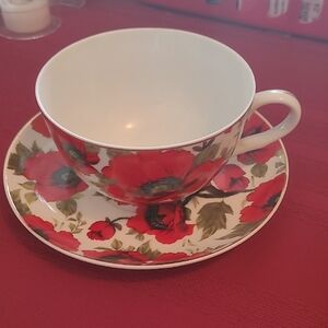 Floral Teacup and Saucer Setwith Red Poppies